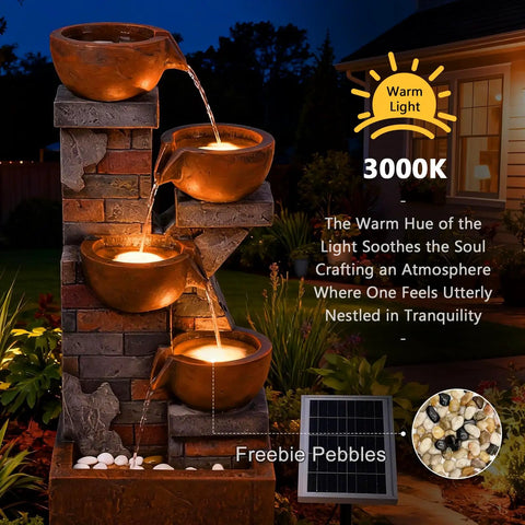Five Tier Solar Outdoor Water Fountain With LED Lights 33 Point 5 Inch Tall Waterfall For Patio Or Backyard Easy Setup Solar Pump And Panel Included Decorative Pebbles Yard Vibe