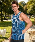 Men's Mechanical Gears Blue Muscle Tank Top Breathable Mesh Workout Shirt With Zipper Pocket Lightweight Moisture Wicking Gym Running Tee Grind Mode Activated Now on a muscular man in a park.