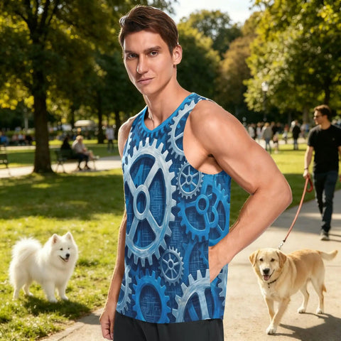 Men's Mechanical Gears Blue Muscle Tank Top Breathable Mesh Workout Shirt With Zipper Pocket Lightweight Moisture Wicking Gym Running Tee Grind Mode Activated Now on a muscular man in a park.