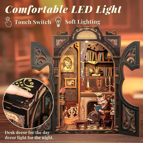 Count Cat's Study Book Nook Kit DIY Miniature Dollhouse For Grownups, 108 Pieces, cozy cat-themed diorama with LED lights