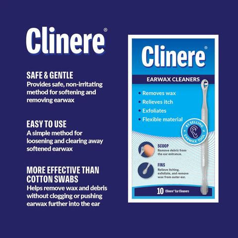 Clinere packaging of Gentle Ear Wax Removal Tool Kit For Safe Ear Cleaning with features of flexible scoop and fin design