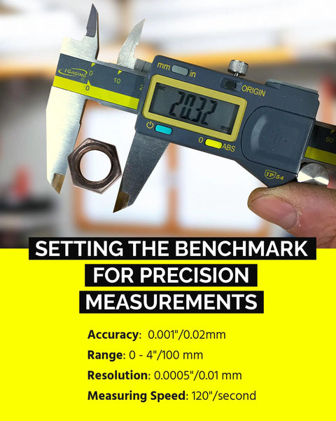 Absolute Origin 0 To 4 Inch Digital Caliper For Quick No Brainer Precision In Inch And Metric Readings, IP54 Stainless Steel, USB SPC Output, Built-In Zero Retention, Case And Manual Included in use measuring a nut