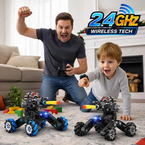 Father and son playing with Gesture Sensing RC Tank That Shoots, Epic Battle Ready Remote Control Tank for Kids Ages 8 To 12 indoors