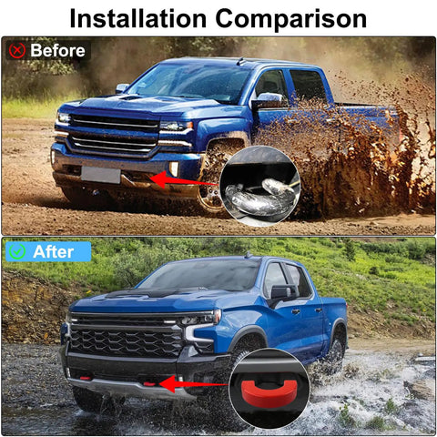Installation comparison of Chevy Silverado 1500 tow hook covers showing before and after with red durable protector caps