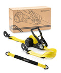 Retractable Ratchet Tie Down Strap 2 Inch By 16 Foot Heavy Duty With Snap Hooks 10000 Lbs Breaking Strength And 3333 Lbs Working Load Limit Includes 36 Inch Axle Strap shown with packaging