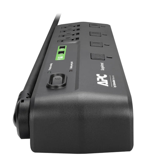 Side view of 8 Outlet Power Strip With USB Charging Ports And 2630 Joules Surge Protector Flat Plug 6 Foot Cord 90 Degree Design