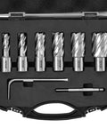 Front view: VEVOR annular cutter set, 6 Weldon-shank mag drill bits in a portable case, high-speed steel