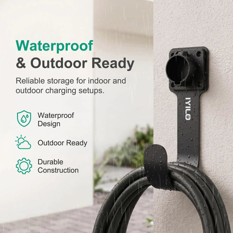 Heavy Duty EV Charger Wall Mount Bracket Compatible With SAE J1772 Connectors stored on a wall, with a steel hook holding charging cable.