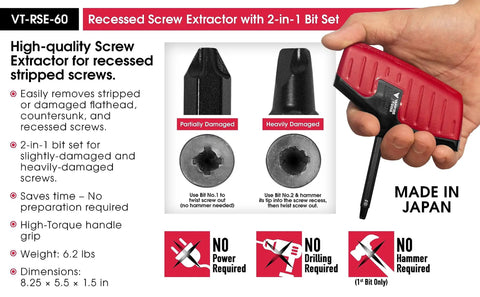 Japan Made 2 Piece 8 Inch Linesman Pliers And Recessed Screw Extractor Set shown with two bits for stripped screws
