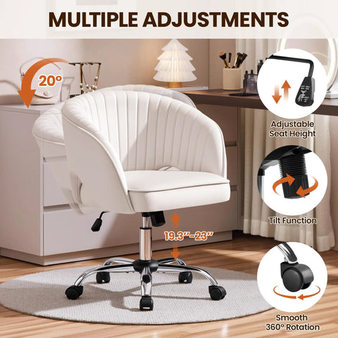 Cute Velvet Desk Chair With Wheels For Home Office Vanity And Study, upholstered armchair in cream with adjustable height and tilt