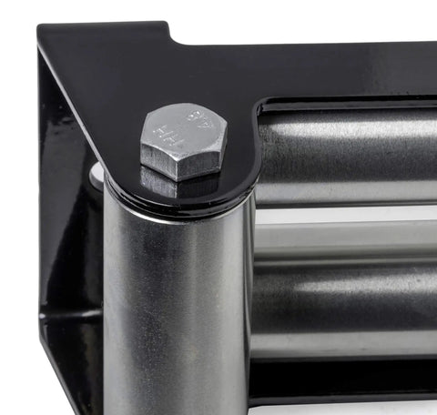 Close-up of 4 Way Winch Roller Fairlead With 10 Inch Universal Mount Off Road Ready Heavy Duty Cable Guide bolt detail.