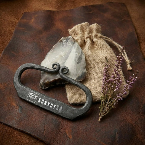 Flint And Steel Fire Starter Kit With Hand Forged Carbon Steel Striker, English Flint Stone, Jute Carry Bag on leather surface