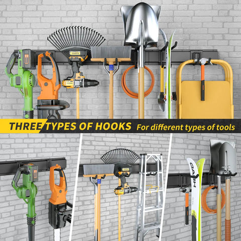 64 Inch Garage Storage Wall Mount Tool Organizer With 620Lb Load Capacity on brick wall with tools like shovels and rakes