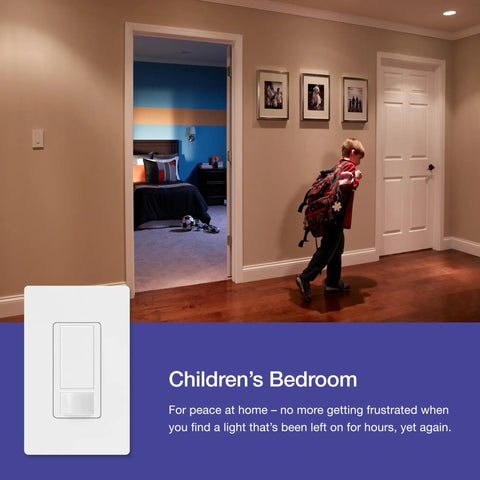 Child walking into bedroom with Maestro Motion Sensor Light Switch For Indoor Use Hands Free Auto On Auto Off Lights Turn On When You Enter And Off When You Leave Great For Bathroom Garage Laundry Room Any Bulbs Occupancy Vacancy Sensor Single Pole Black mounted on wall.