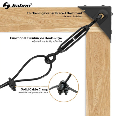 Anti Sag Gate Kit For Wooden Fence With Heavy Duty Steel Tensioner Cable Rust Resistant Gate Support System Black Gate And Fence Frame Hardware Outdoor Fence Repair Kit showcasing a functional turnbuckle hook and eye on a wooden frame