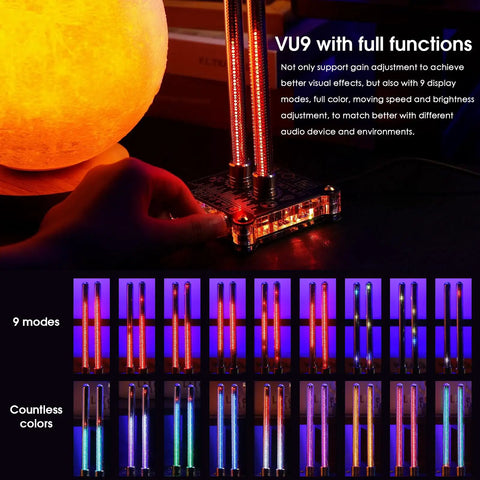 VU9 Pixie Tube Sound Level Meter With Retro Nixie Tube Visual Audio Spectrum Display Dope Vibe Microphone And 3.5mm Aux Input Home Desktop Decoration Black 3.35 Inch, close-up with lit tubes