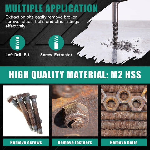 Image showing Left Handed Drill Bit And Screw Extractor Kit With Cobalt Steel, Ten Piece Pro Grade Set for removing screws and bolts.