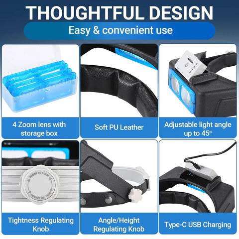 Hands Free Magnifying Glass Visor With Light, Rechargeable Headband Magnifier design features, including lenses and USB charging