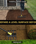 Lawn Leveling Rake 17 By 10 Inch With 77 Inch Adjustable Curved End Grip Handle in use for soil leveling before sod laying