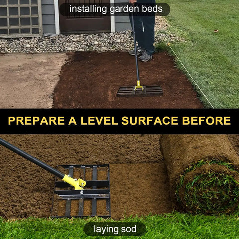 Lawn Leveling Rake 17 By 10 Inch With 77 Inch Adjustable Curved End Grip Handle in use for soil leveling before sod laying