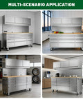 72 Inch Heavy Duty Tool Chest And Rolling Workbench With 15 Drawers, Wheels, Three Upper Cabinets, Pegboard, And Power Strip For Garage, Shop, And Workshop Use, Built For Maximum Organization And Big Working Surface