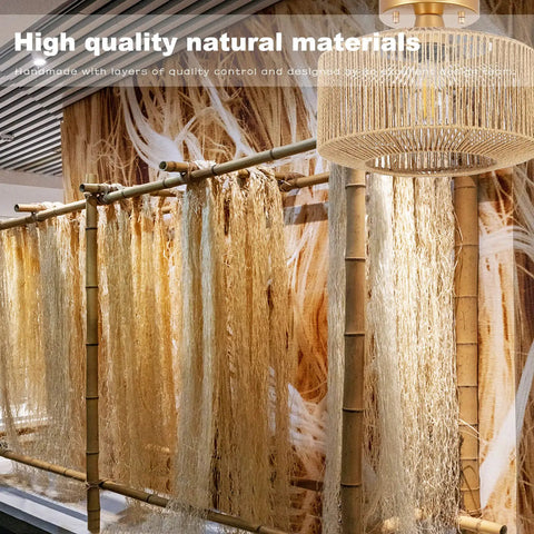 Rattan Ceiling Light Fixture With Woven Wicker Shade, Boho Coastal Chic Chandelier displayed near natural bamboo reeds