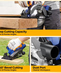 Kickass 20V Cordless Circular Saw With 4 Ah Battery And Charger Producing 4500 Rpm No Load Speed And Quick Bevel Adjustments For Seamless Weekend Warrior Woodworking Builds cutting into wood with precision.