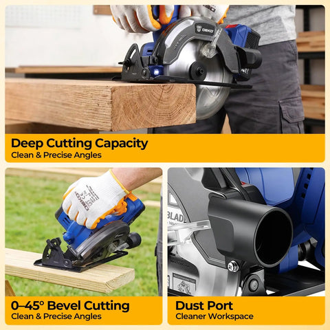 Kickass 20V Cordless Circular Saw With 4 Ah Battery And Charger Producing 4500 Rpm No Load Speed And Quick Bevel Adjustments For Seamless Weekend Warrior Woodworking Builds cutting into wood with precision.