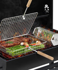 Removable Wooden Handle Grill Basket Set With 304 Stainless Steel Rolling BBQ Tools For Vegetables And Fish Outdoor Cooking Camping Gift For Men Dad Husband, showing food on grill