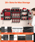 Power Tool Organizer With Charging Station And Eight Outlet Power Strip Three Tier Tool Rack With Eight Drill Slots And Side Hooks
