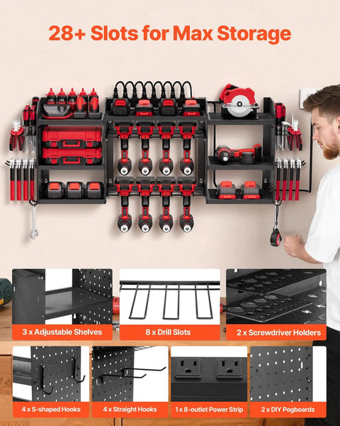 Power Tool Organizer With Charging Station And Eight Outlet Power Strip Three Tier Tool Rack With Eight Drill Slots And Side Hooks