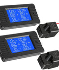 Two Pack AC Current Voltage Amperage Power Energy Panel Meter 80 To 260V 100A LCD Digital Ammeter Voltmeter Multimeter With Split Core CT Backlight Power Monitor For Home Workshop Or Industrial Use, showing LCD display and split-core CT sensors