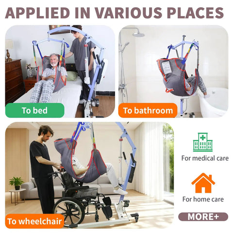 EHUCONHEEL Full Body Mesh Patient Lift Sling Universal Transfer Aid For Electric Ceiling Hoist shown in bed, bathroom, and wheelchair use.