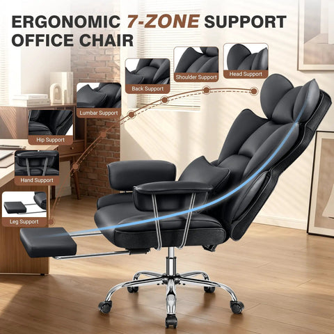 Big And Tall Leather Office Chair With Footrest For All Day Comfy Support, High Back Ergonomic Wide Desk Chair