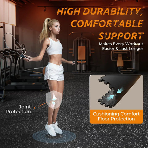 Woman exercising on Interlocking 0.6 Inch Thick Rubber Gym Flooring Mats for Home Gym and Garage, showing joint protection and floor durability.