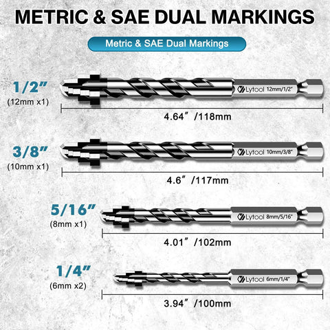 Metric and SAE marked drill bits from 10-Piece SDS Plus Masonry Drill Bit Set For Rotary Hammers, carbide tipped, various sizes.