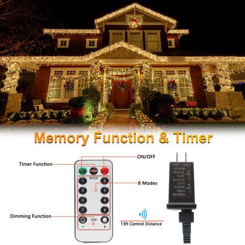 Warm White 200 LED Christmas Lights 66ft Outdoor Indoor String Light with Remote Control 8 Modes Memory Timer for house decor.