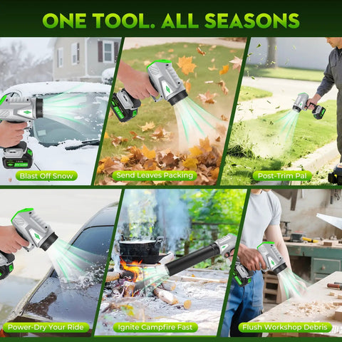 Cordless Leaf Blower With Dual Battery System And Charger used in various scenarios like snow removal, leaf blowing, and debris clearing.