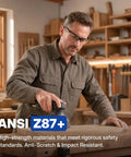 Real Deal ANSI Z87 Certified Safety Glasses featuring impact resistant anti fog and scratch resistant polycarbonate lenses on a woodworking professional.
