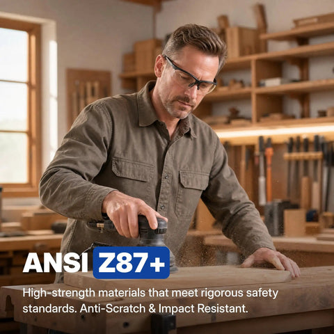 Real Deal ANSI Z87 Certified Safety Glasses featuring impact resistant anti fog and scratch resistant polycarbonate lenses on a woodworking professional.