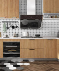 Modern kitchen with 24 Inch Wide Faux Wood Wallpaper Roll Peel And Stick Realistic Yellow Oak Wood Grain Self Adhesive PVC Vinyl