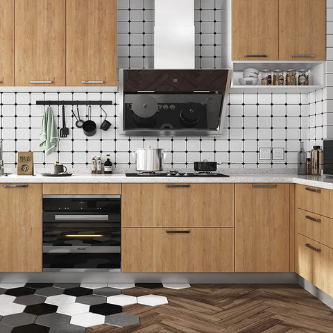 Modern kitchen with 24 Inch Wide Faux Wood Wallpaper Roll Peel And Stick Realistic Yellow Oak Wood Grain Self Adhesive PVC Vinyl