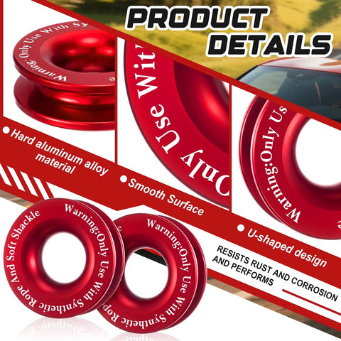 Two Pack Winch Snatch Recovery Ring Block Pulleys 66,000 Lbs For SUV UTV ATV Off Road Trucks Towing Ring With Synthetic Rope And Soft Shackle Red Heavy Duty Recovery Gear Tough Trails; red aluminum alloy rings