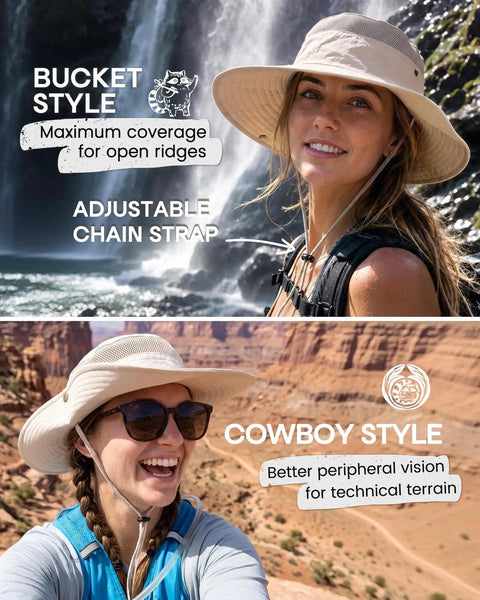 Smiling women wearing Women's Ponytail Hole Sun Hat With Wide 3.5 Inch Brim For Hiking And Summer Outdoor UV Protection Beige Bucket Safari Hat UPF 80 Plus All Day Sun Shield, showcasing bucket and cowboy styles in outdoor settings.