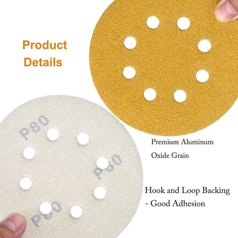 5-Inch 80-Grit Hook And Loop Sanding Discs, 8-Hole For Random Orbit Sanders, showing front and back texture, 100-Pack