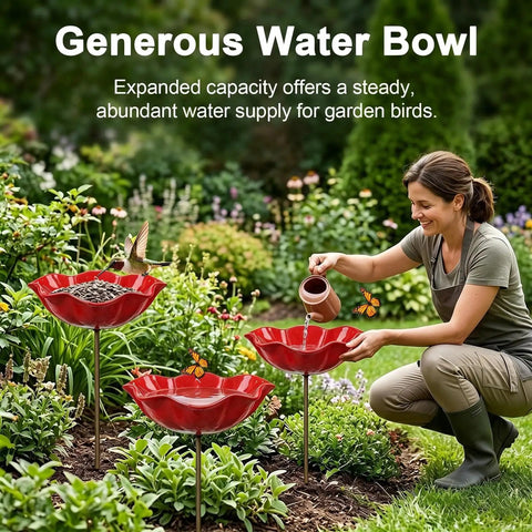 Woman adding water to Metal Flower Garden Stake With Bird Bath Bowl Outdoor Pollinator Watering Station For Garden Yard
