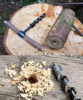Heavy Duty Hand Auger Wood Drill With Scotch Eye Design for bushcraft camping, shown making a hole in wood on a tree stump.