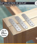 Close-up of 20 Pack Flat Metal Connector Plates 3.94 By 0.63 Inches Galvanized Steel Brackets For Shelves And Furniture Repair on wood