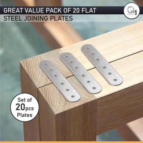 Hella Sturdy Galvanized Steel Connector Plates 20 Pack Flat Mending Brackets on wood, showcasing steel durability for furniture repair.