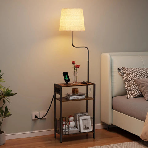 Floor Lamp With Integrated Table And Storage Baskets End Table With Three Color Temperature LED Bulbs Nightstand With USB Charging Station And Shelves Side Table For Living Room Bedroom Or Office Brown